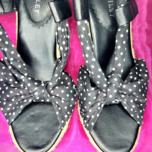 LAURA ASHLEY 8B 38 WEDGED SANDLES BLK /WHT CLOTH POKO DOT LEATHER PLATFORM SHOES - Picture 6 of 13
